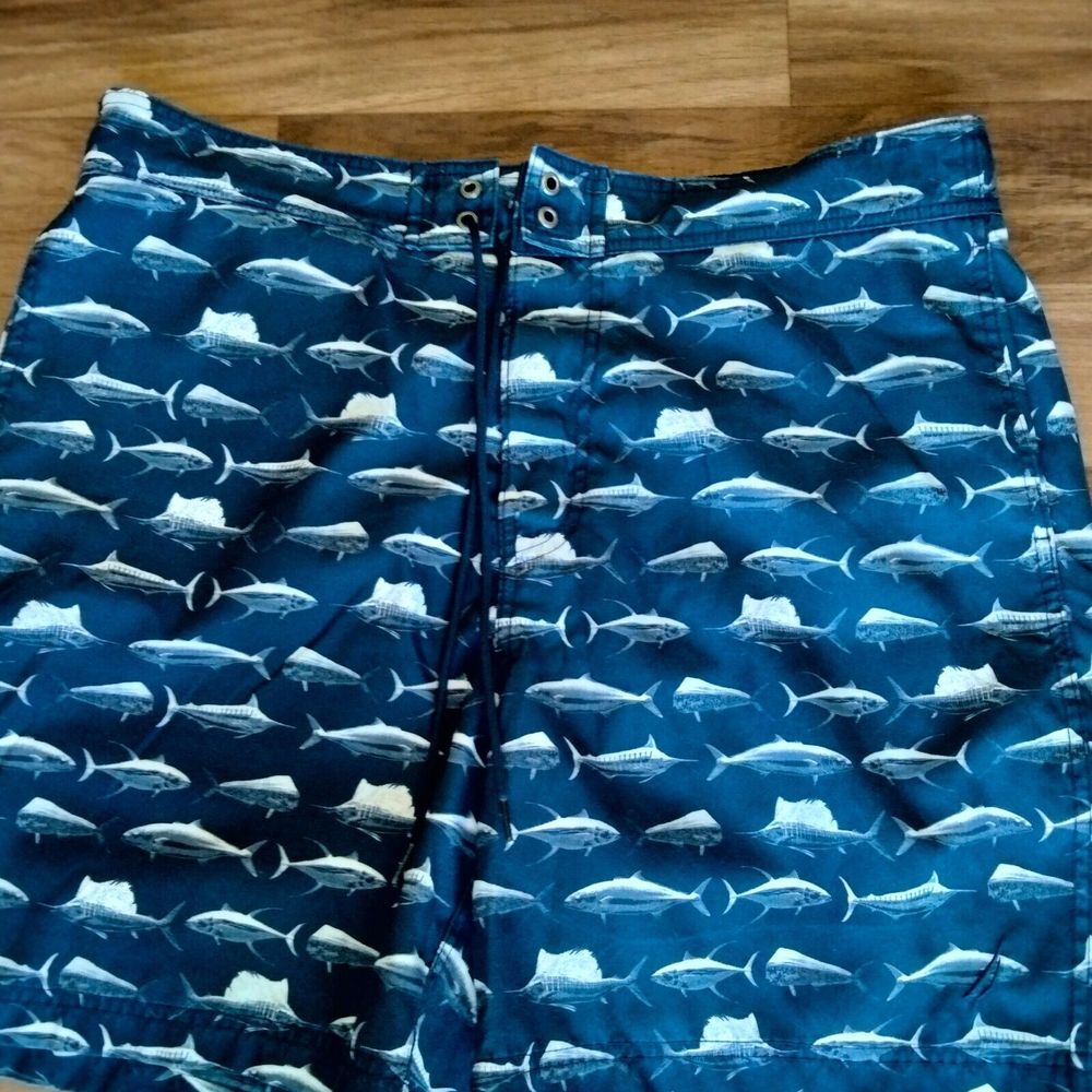 Nautica Swim Trunks Mens L Navy Blue Board Shorts Logo Swordfish All Over Print - Picture 3 of 9